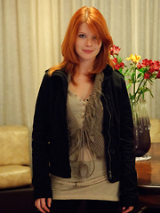 Nubile redhead Mia Sollis with absolutely beautiful breasts with pink tits and scrumptiously moist pussy with trimmed bush